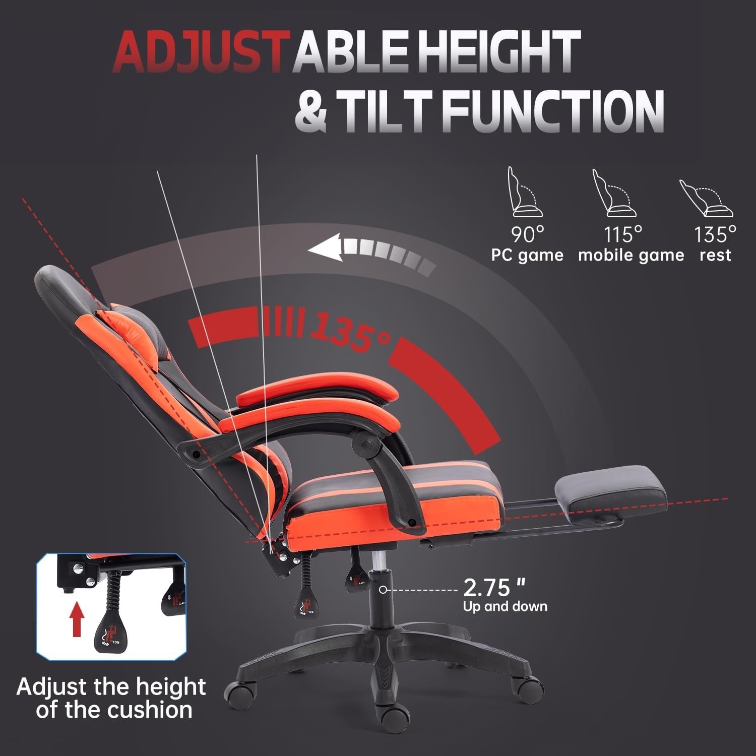 Ergonomic Gaming Chair Recliner with Footrest Lumbar Support Red