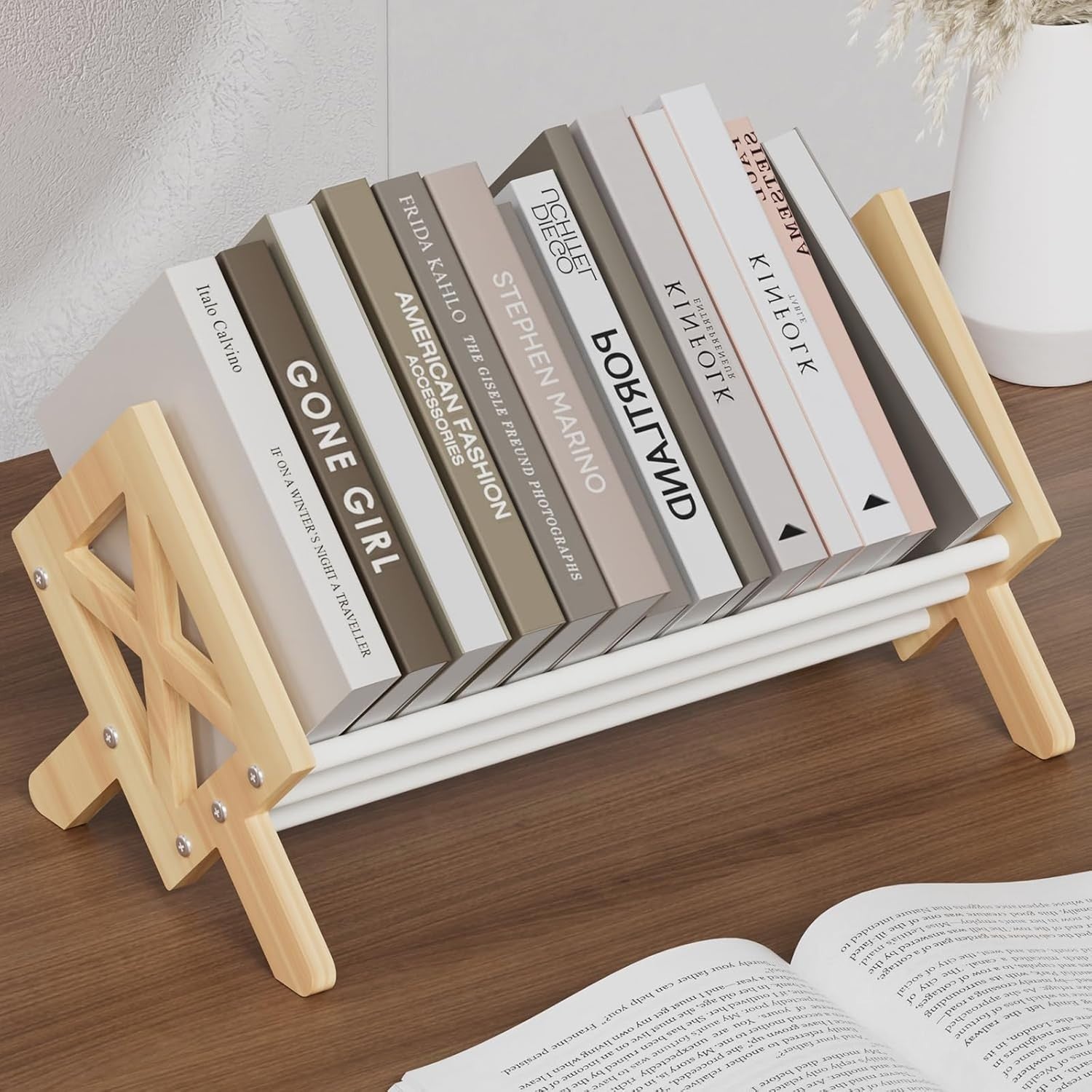 Wood Tilting Desktop Bookcase Organizer Rack for Books CDs Magazines