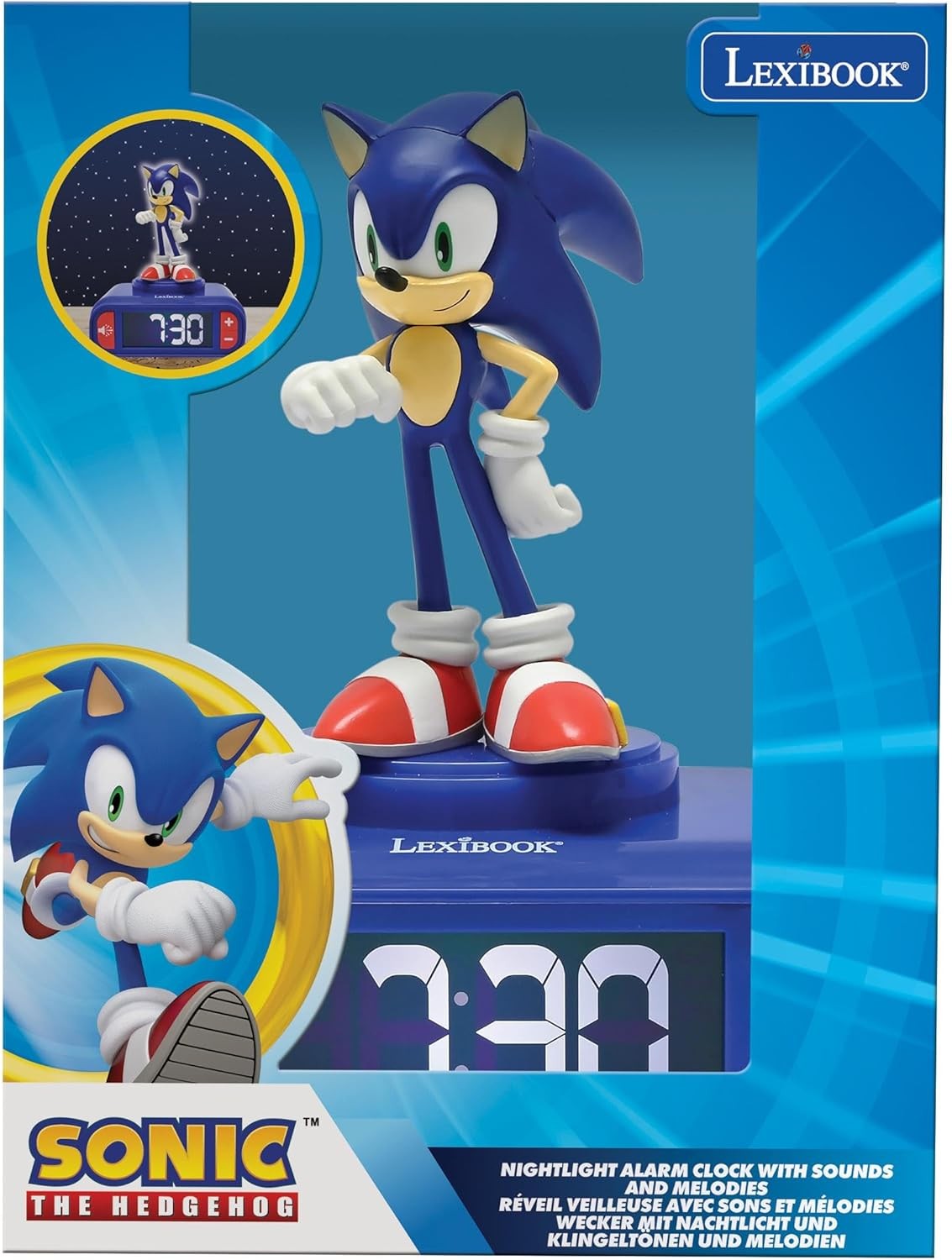 Kids Blue Hedgehog Alarm Clock Night Light LCD Snooze Sound Effects