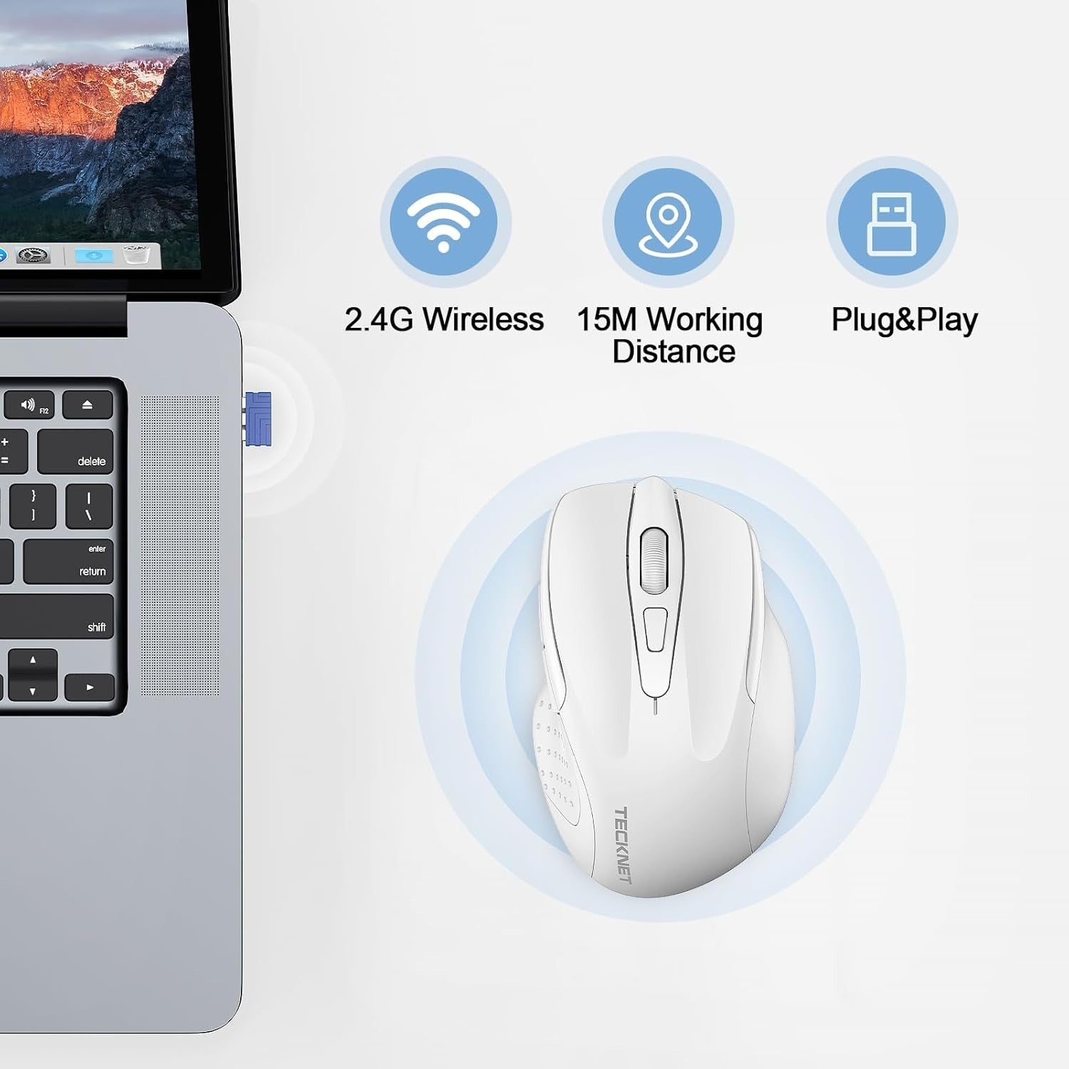 White Rechargeable Wireless Mouse 4800DPI Silent Click Ergonomic USB PC