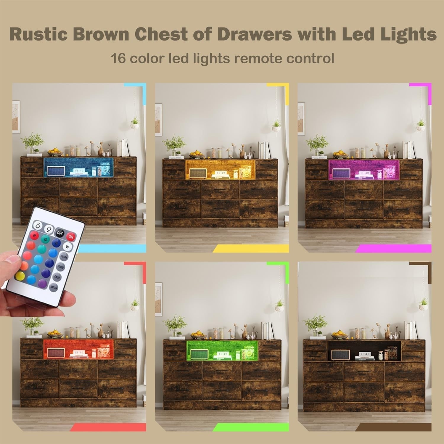 Rustic 10 Drawer LED Storage Cabinet with Wood Top for Bedroom 120x72cm