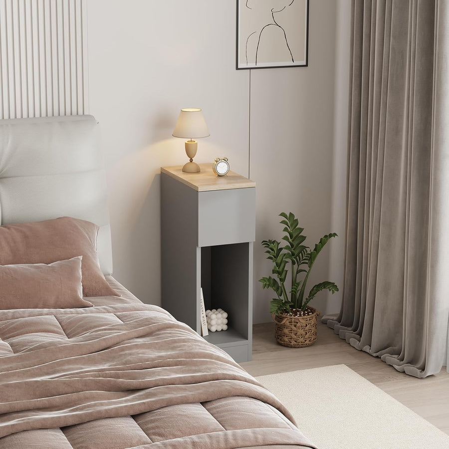 Slim Grey Bedside Table with Drawer & Shelf – Modern Narrow Nightstand Storage