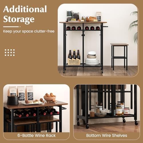 Extendable 3-Piece Dining Table Set with Stools & Wine Rack Walnut Black