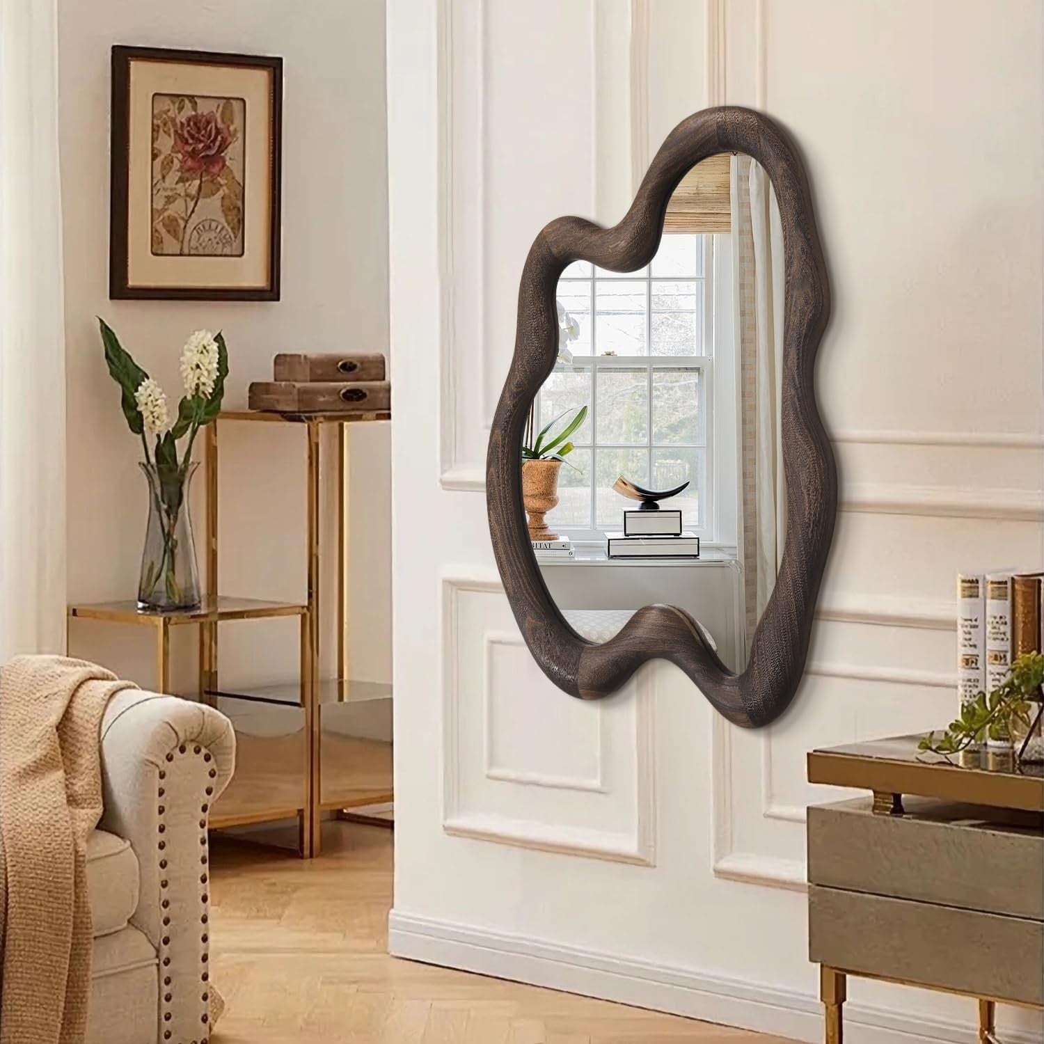 Large 80x60cm Irregular Wall Mirror Vintage Wood Frame for Bedroom Hall