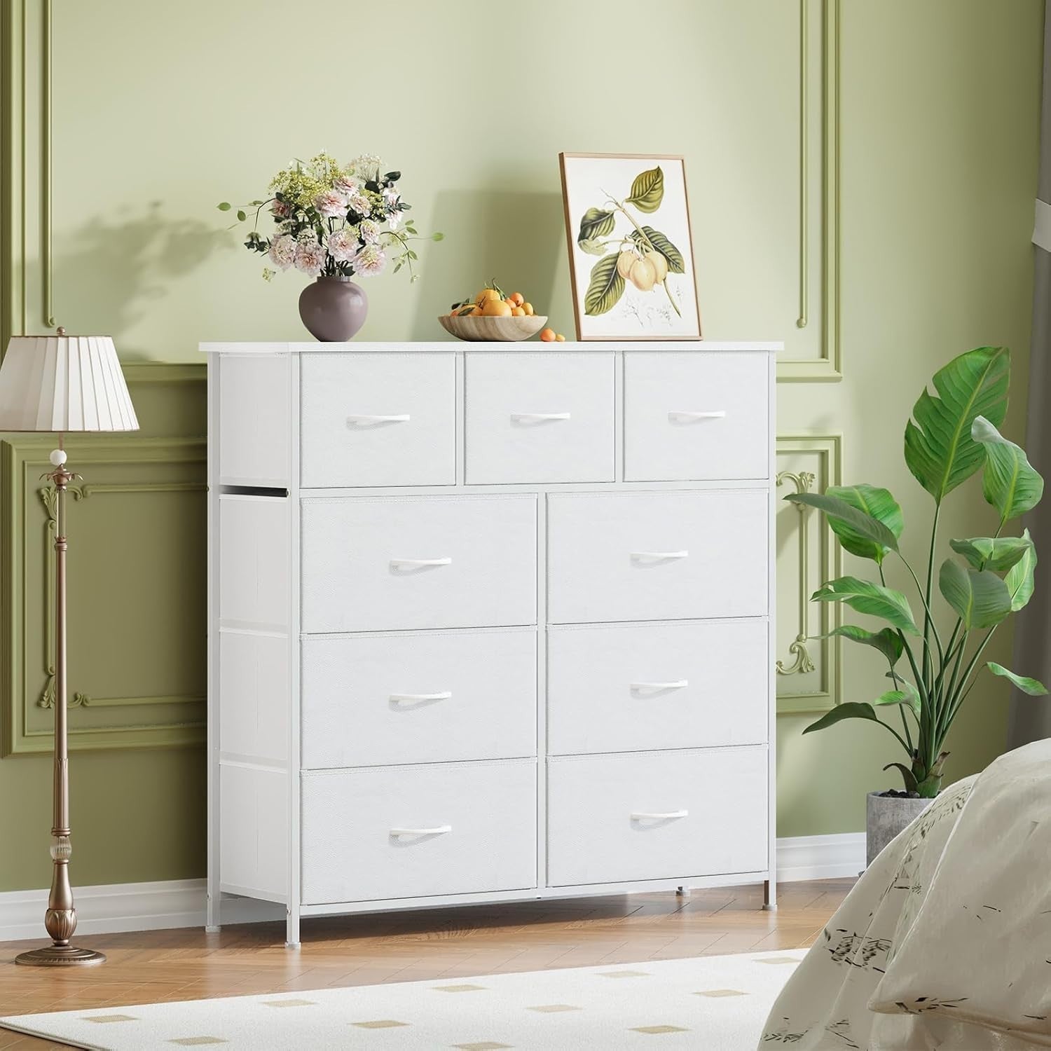 White 9 Drawer Tall Chest Fabric Dresser Storage Organizer for Bedroom