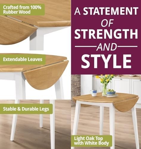 Small White Folding Dining Table Set Round Drop Leaf Table with 2 Chairs