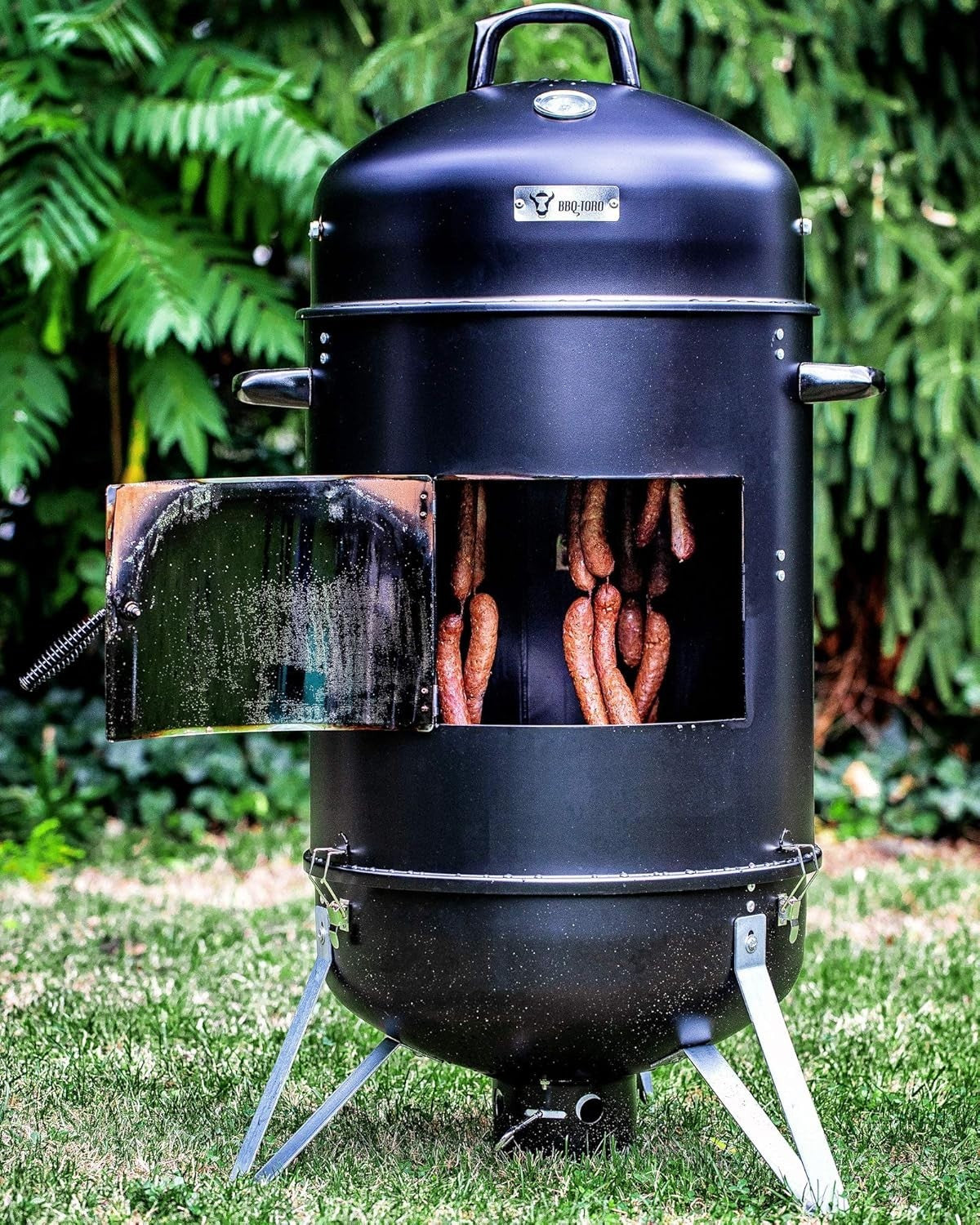 46cm Charcoal Smoker Barrel BBQ Grill with Thermometer & Hanging Hooks Outdoor