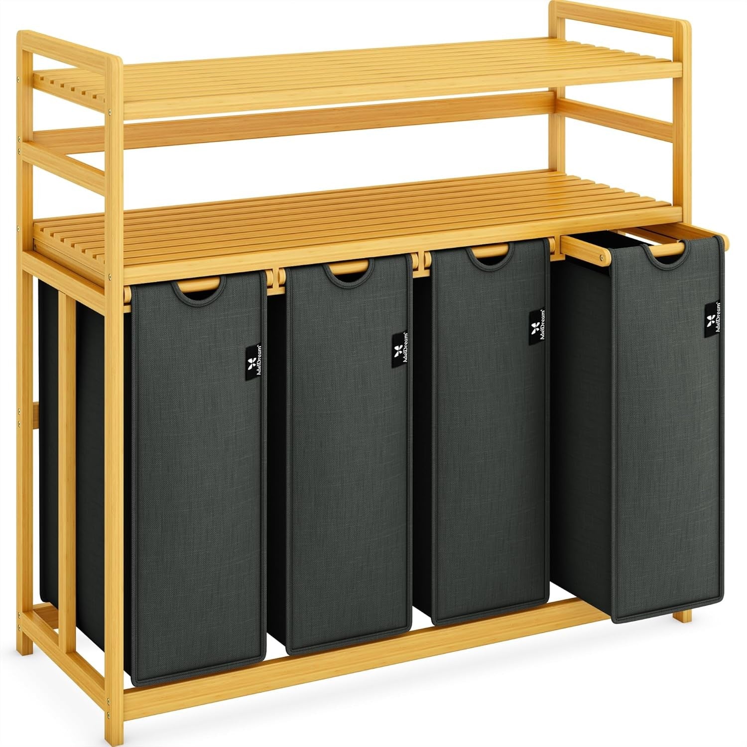 200L 4-Section Laundry Sorter Bamboo Frame Grey With Shelf Removable Bags