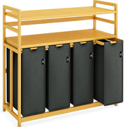 200L 4-Section Laundry Sorter Bamboo Frame Grey With Shelf Removable Bags