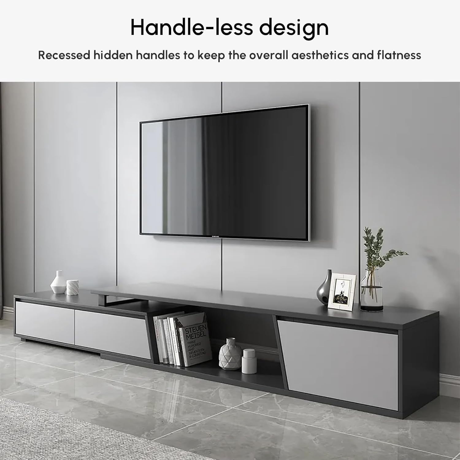 Extendable TV Console Gray with 3 Drawers Modern Entertainment Stand 110"