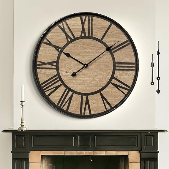 Vintage Wood Wall Clock 34cm Silent Roman Numeral Rustic Metal Farmhouse Decor