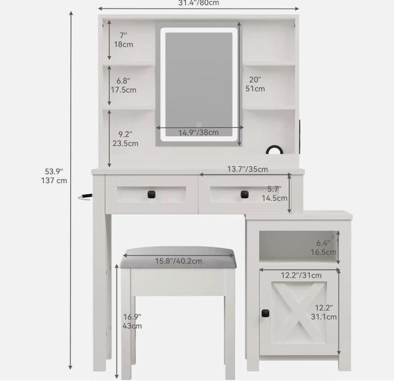 Farmhouse Vanity Desk Set LED Mirror USB Stool Makeup Table Bedroom White