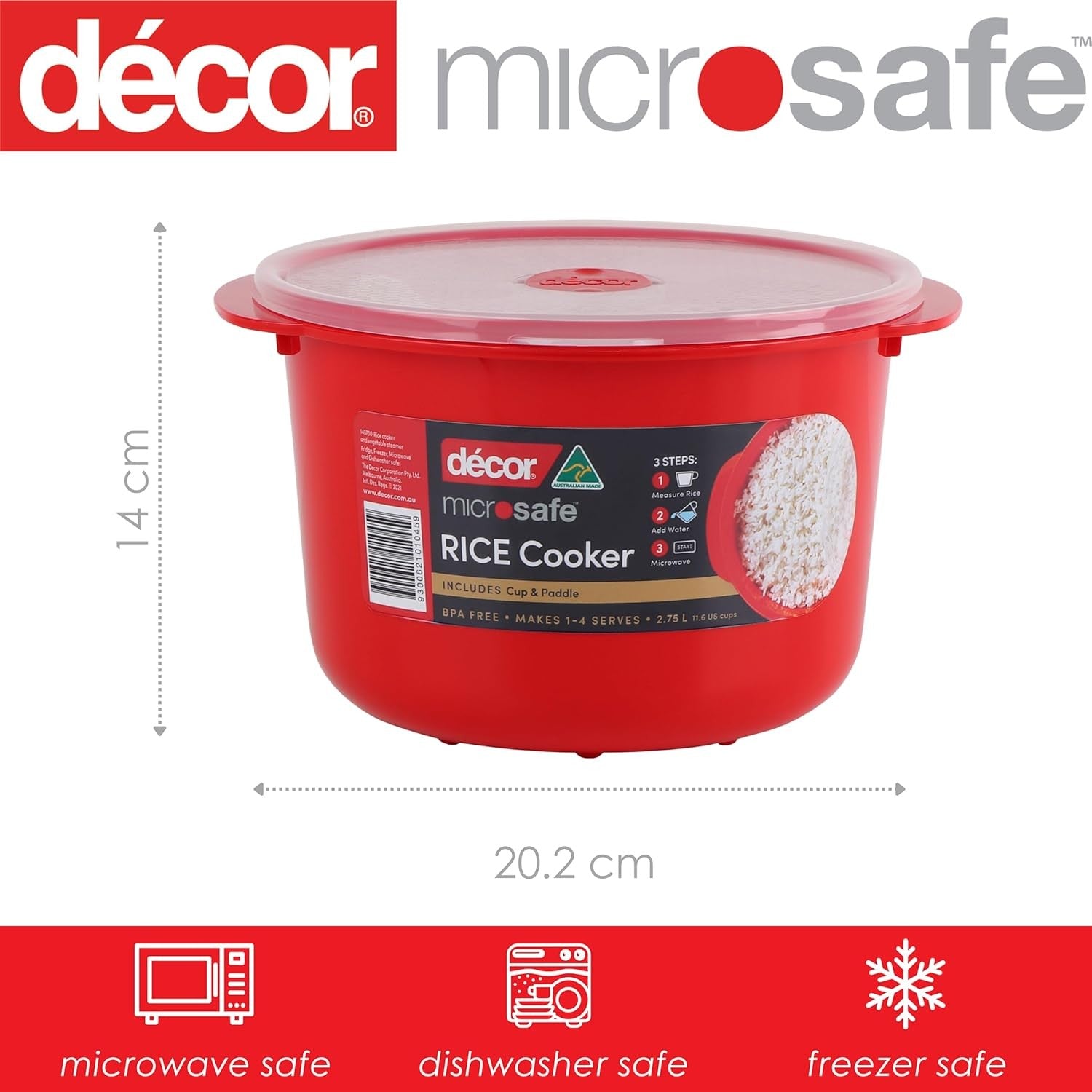 2.75L Microwave Rice Cooker 1-4 Cups BPA Free Red