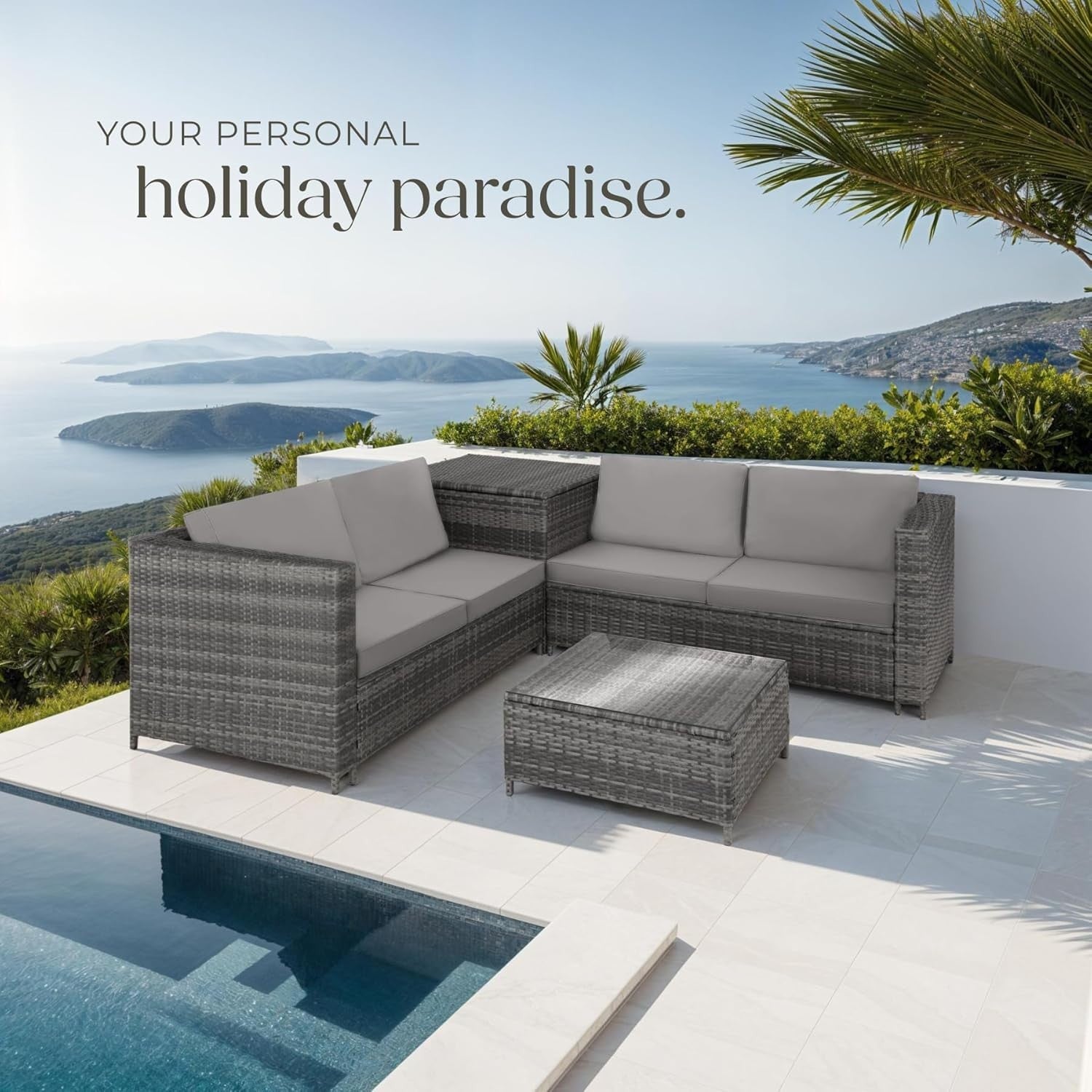Grey Rattan Garden Sofa Set with Thick Cushions & Storage Box - Patio Outdoor