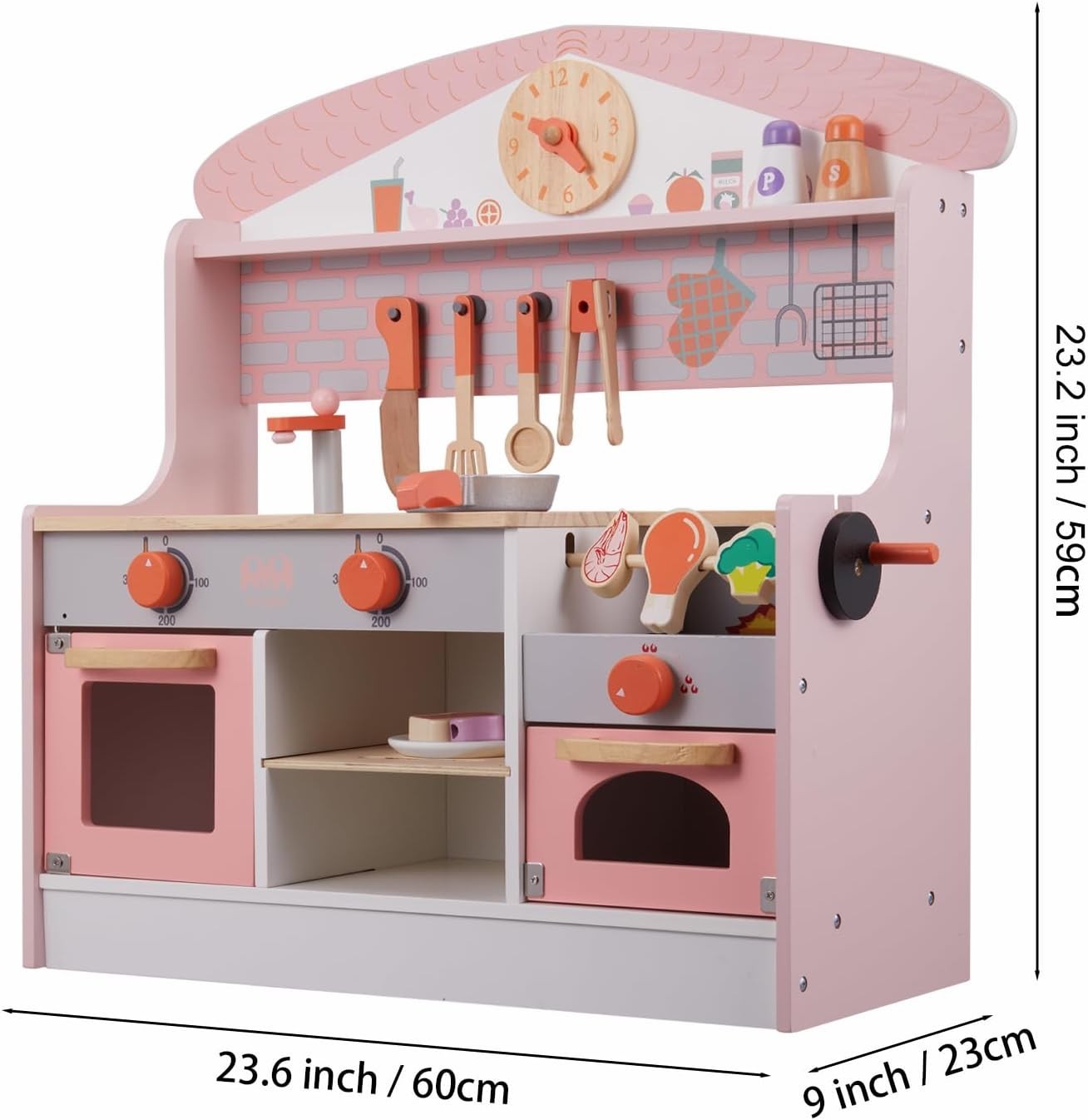 Kids Wooden Play Kitchen Pink w/ BBQ Grill Sound Accessories Set