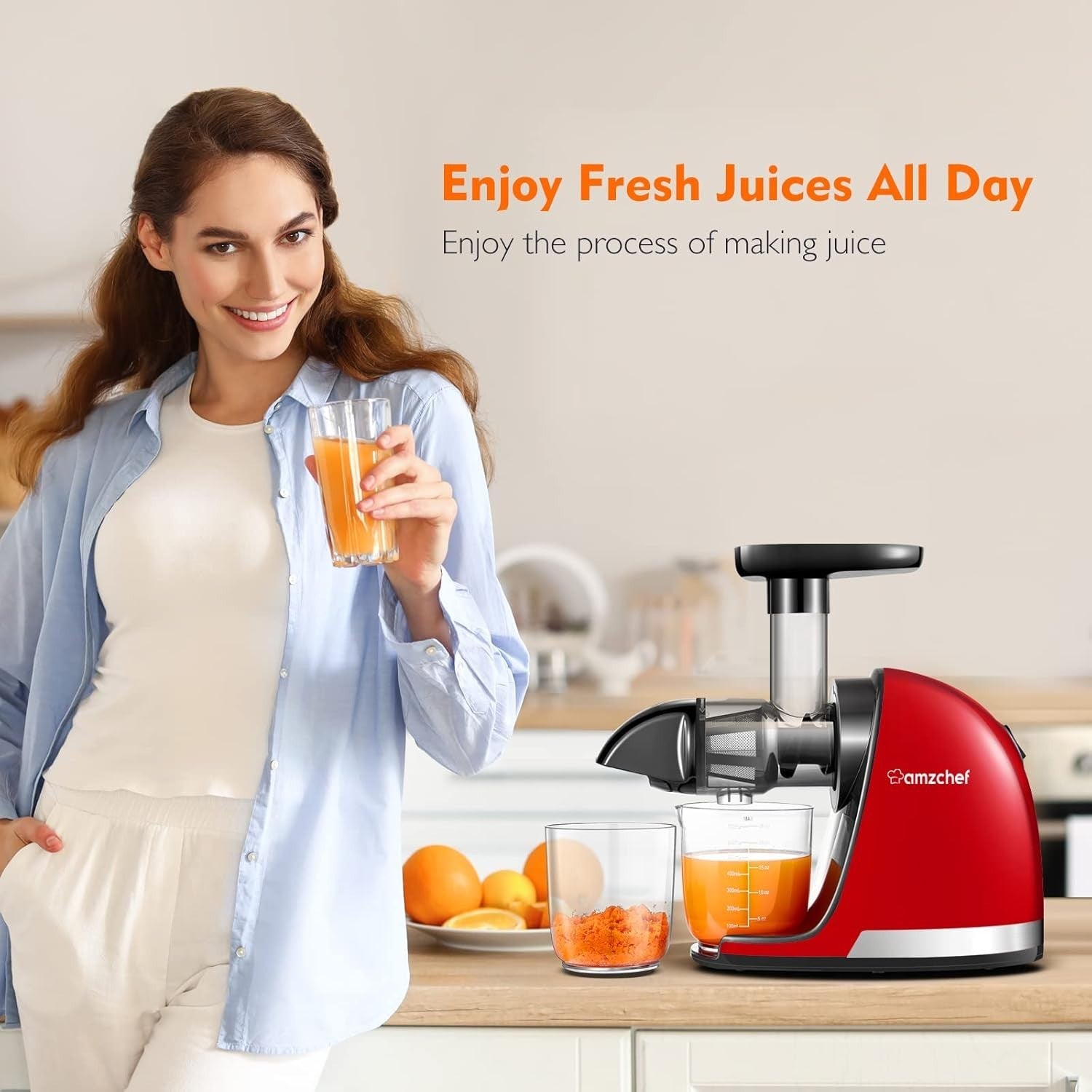 Cold Press Juicer Slow Masticating Whole Fruit High Yield BPA Free Red