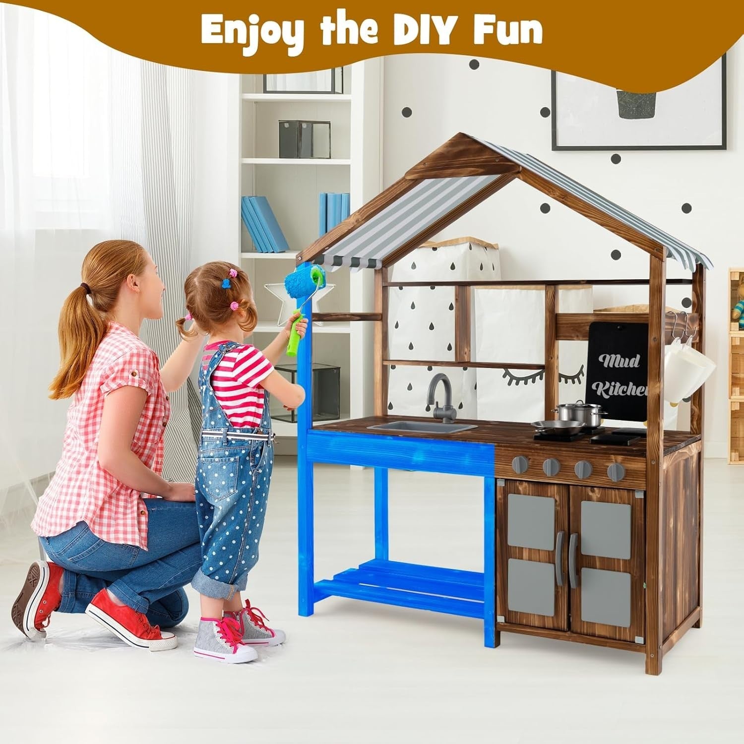 Outdoor Mud Kitchen Kids Wooden Playset w/ Canopy Sink Chalkboard