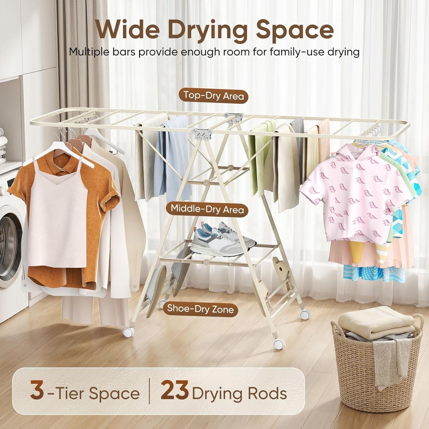 3 Tier Clothes Airer Foldable Drying Rack Wheeled Indoor Outdoor Laundry Horse