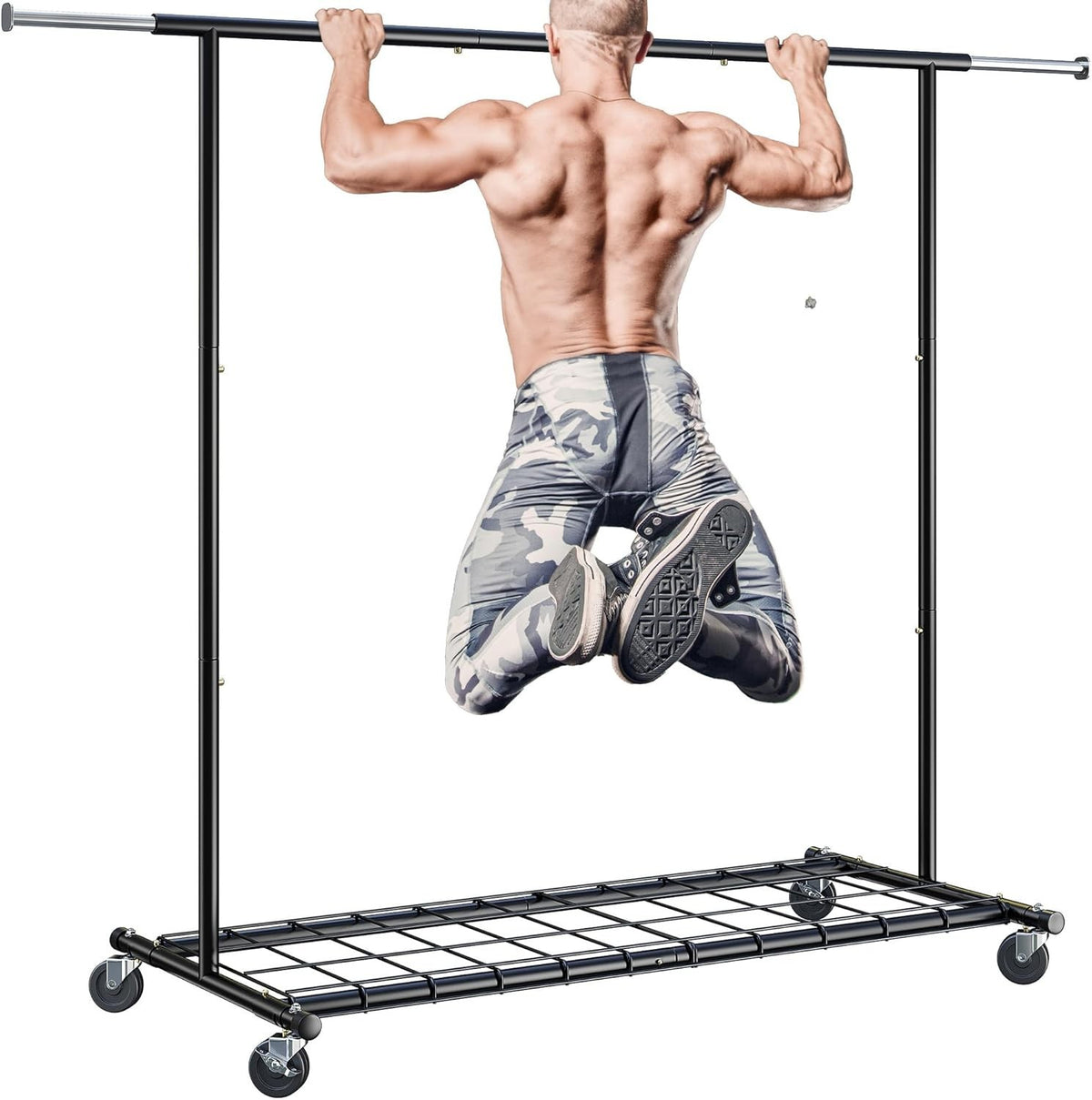 Heavy Duty Black Clothes Rail 160cm Extendable Rack on Wheels