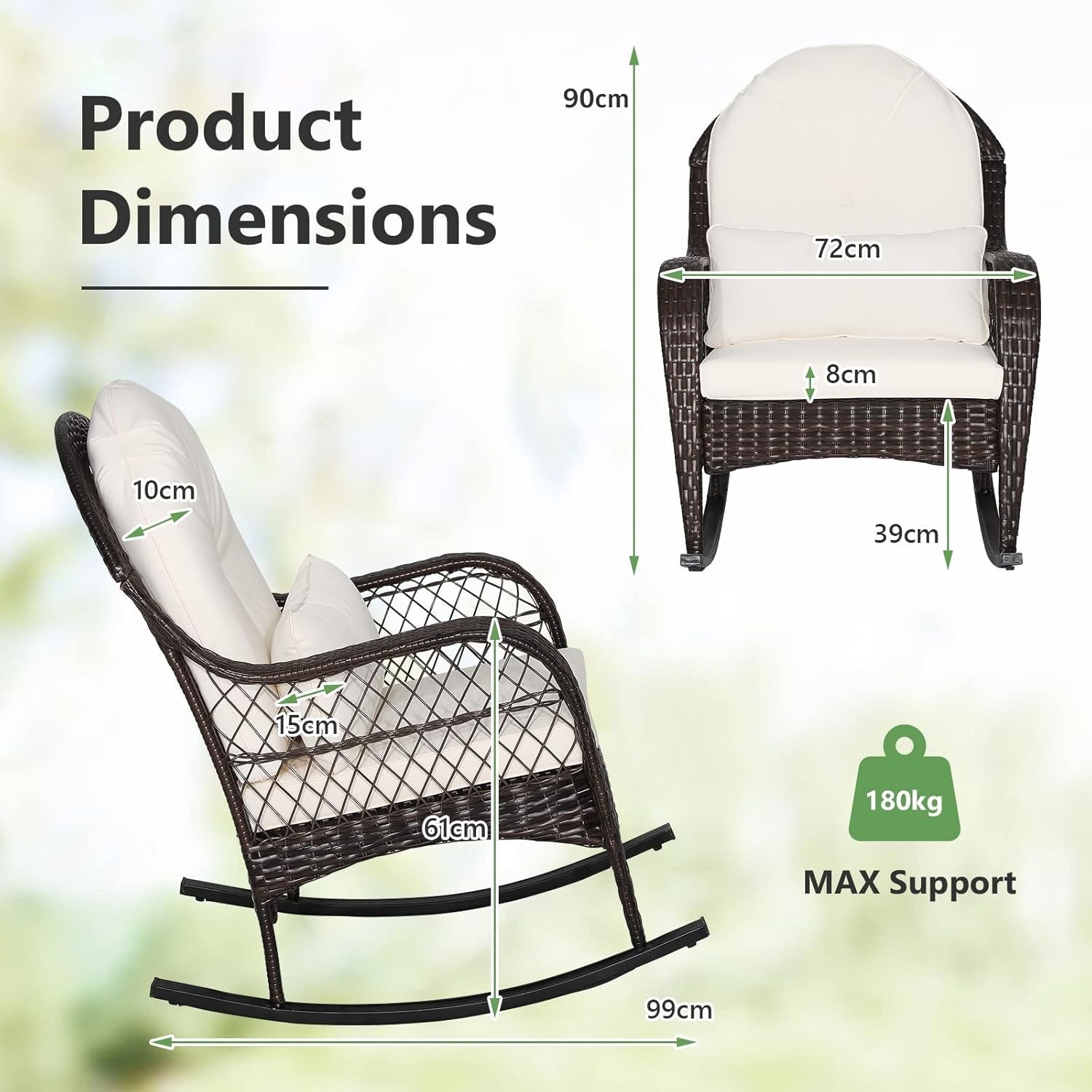 White Rattan Rocking Chair Cushioned Patio Garden Porch Outdoor Relax Armchair