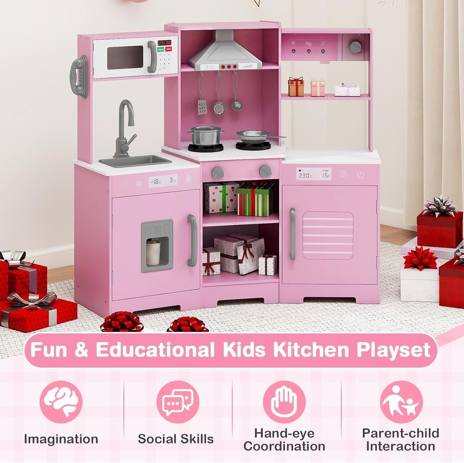 Pink Corner Kids Play Kitchen Lights Sounds Ice Maker Toy