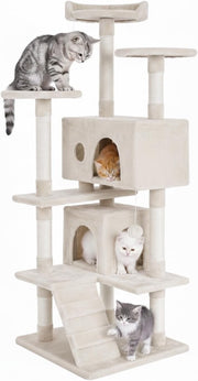 Beige Multi Level Cat Tree Tower 139cm with Condo Scratching Posts Play Centre