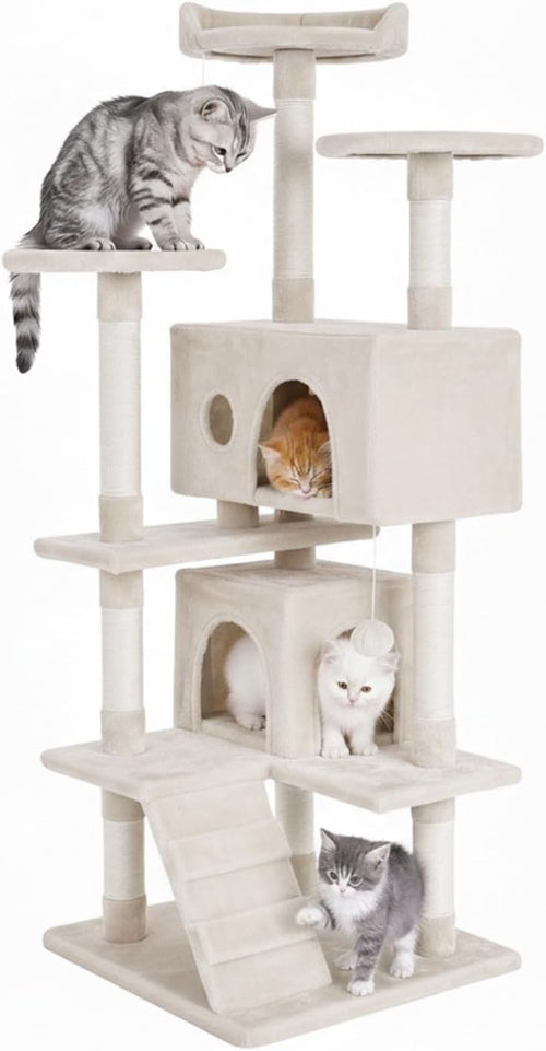 Beige Multi Level Cat Tree Tower 139cm with Condo Scratching Posts Play Centre