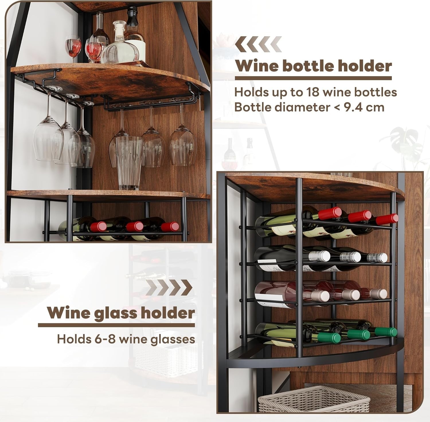 5-Tier Corner Wine Rack with Glass Holders & Bottle Storage, Space-Saving Bar