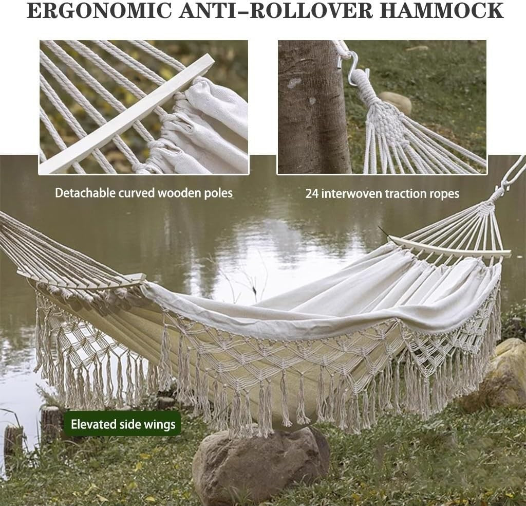 2-Person Double Canvas Hammock with Tassels, Anti-Rollover Wooden Poles