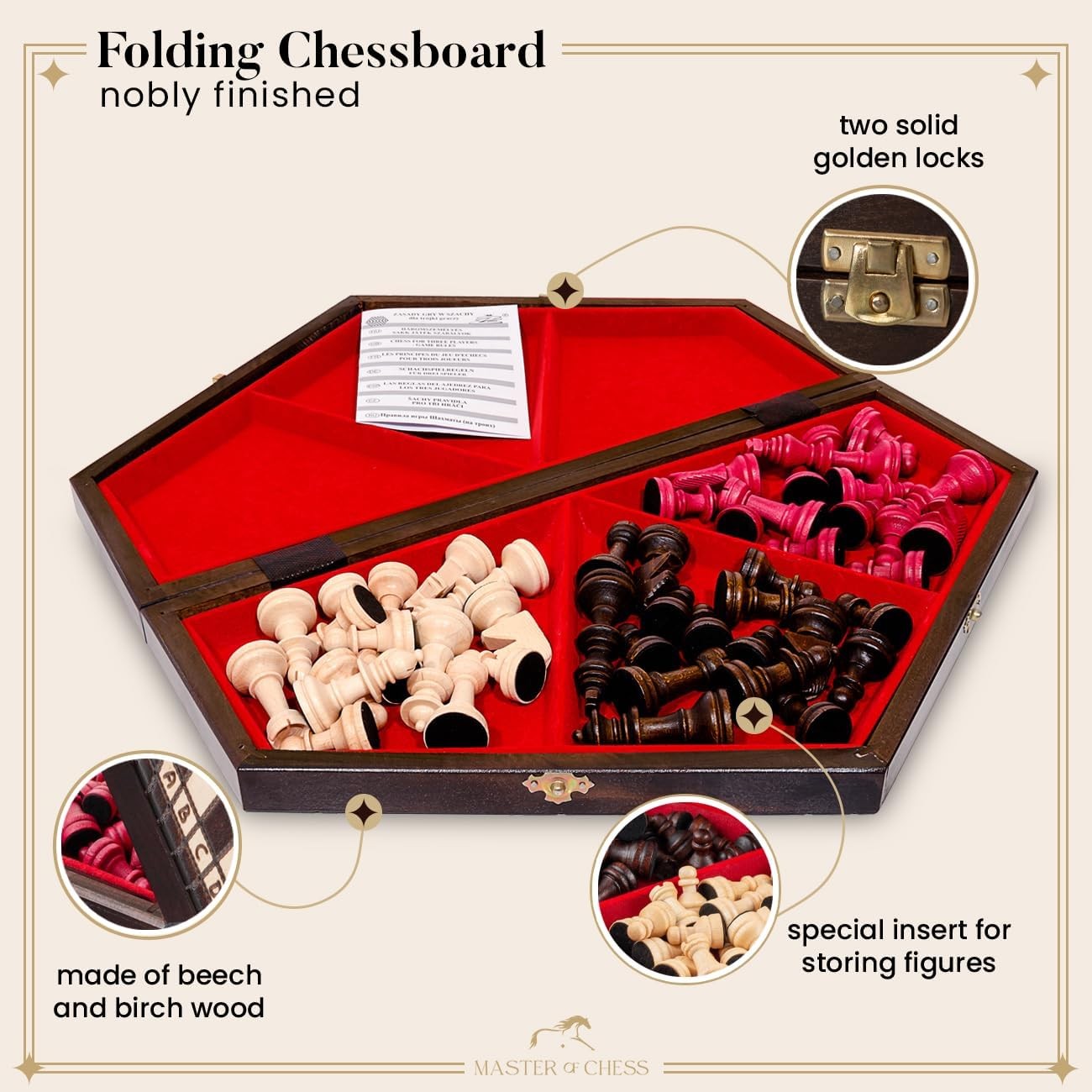 XL 3-Player Wooden Chess Set 54×47cm Handcrafted Board Travel Table Game