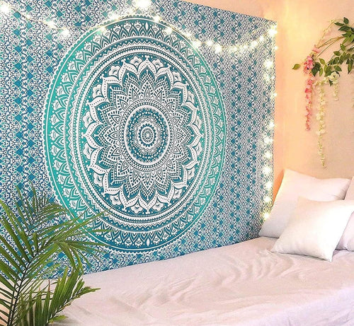 Sea Green Mandala Cotton Tapestry 230x274cm King Boho Decor