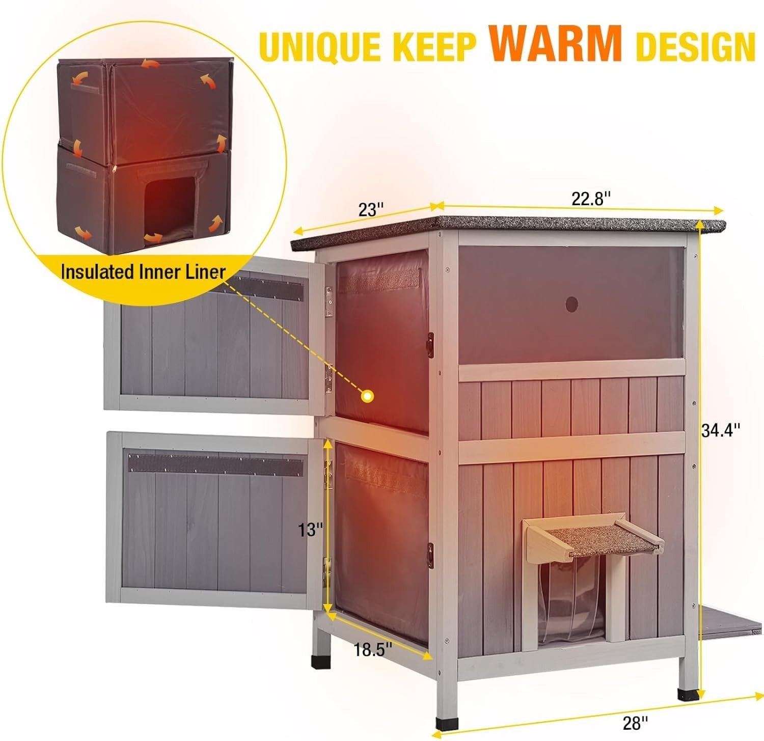 Weatherproof Insulated 2-Level Outdoor Cat House with Escape Doors & Balcony