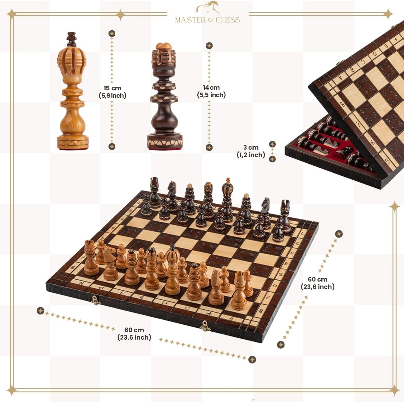 60cm Luxury Wooden Chess Set | Hand-Carved Metal & Wood Pieces | Premium Board