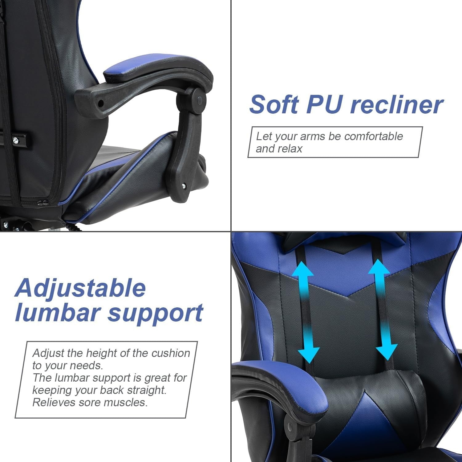 Blue Gaming Chair Reclining Swivel Office Desk Computer Faux Leather Medium