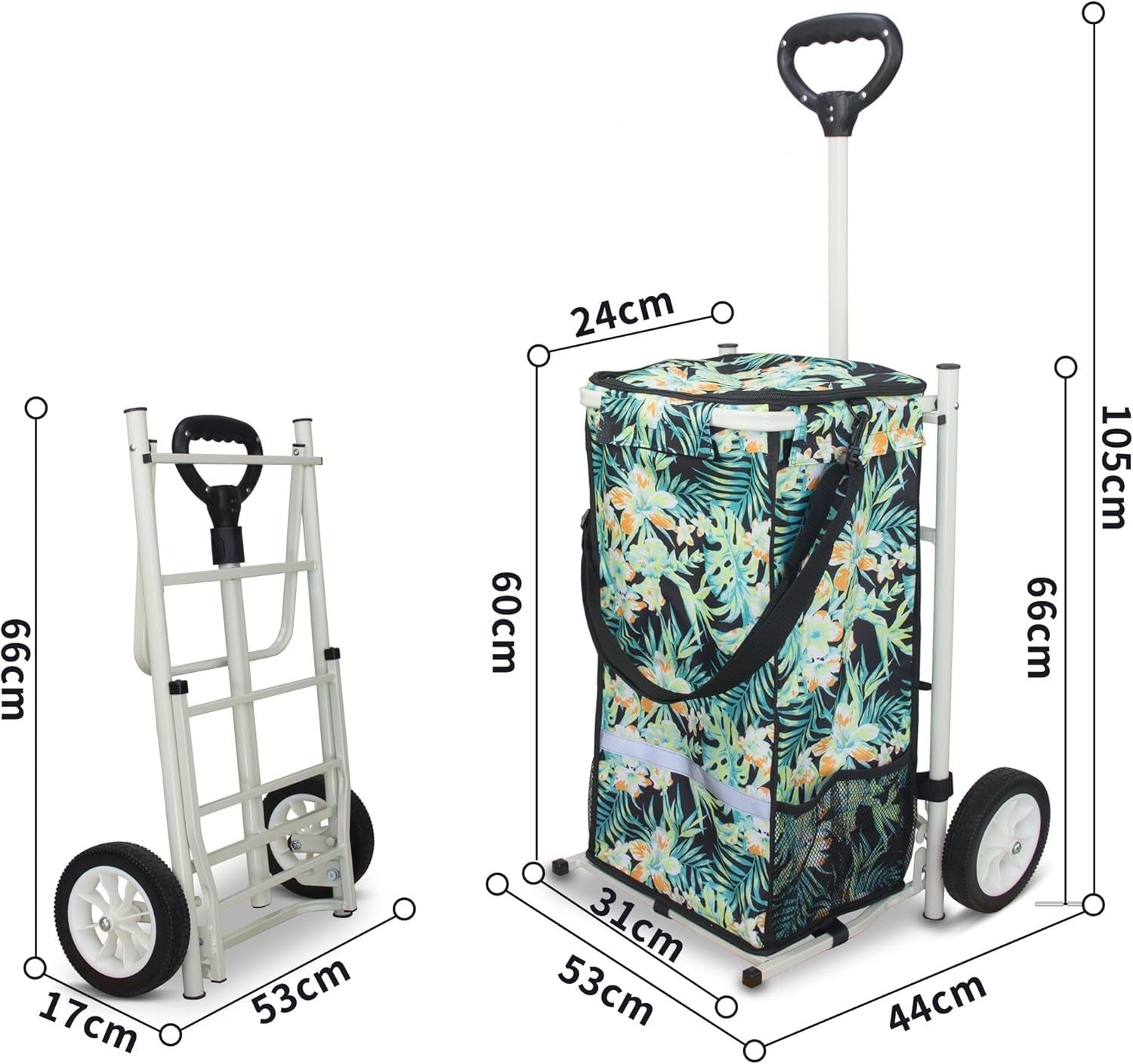 Foldable 45L Shopping Trolley Cart w/ Insulated Bag & 2 Wheels Tropic