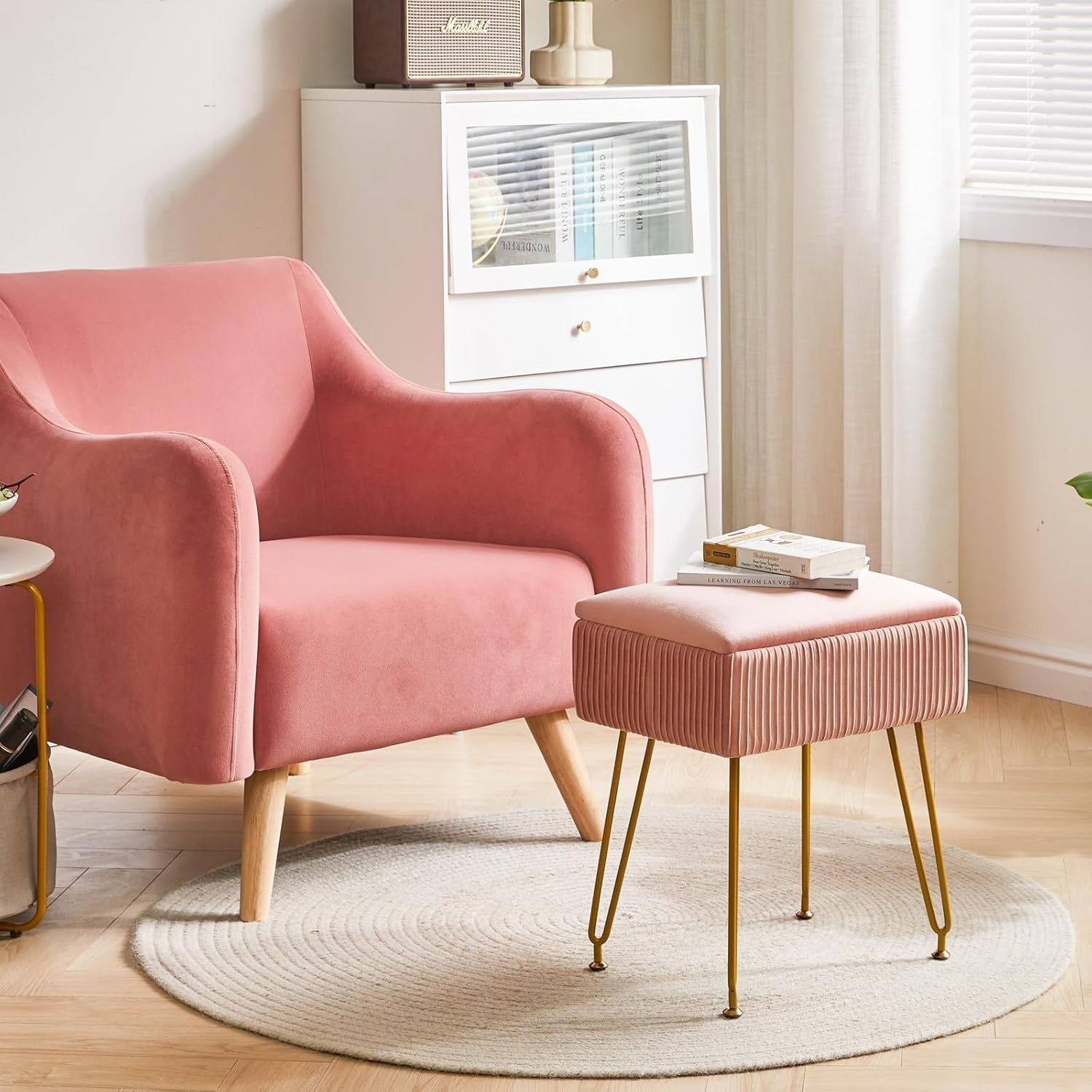 Pink Velvet Storage Ottoman Stool Square Bench Dressing Table Seat