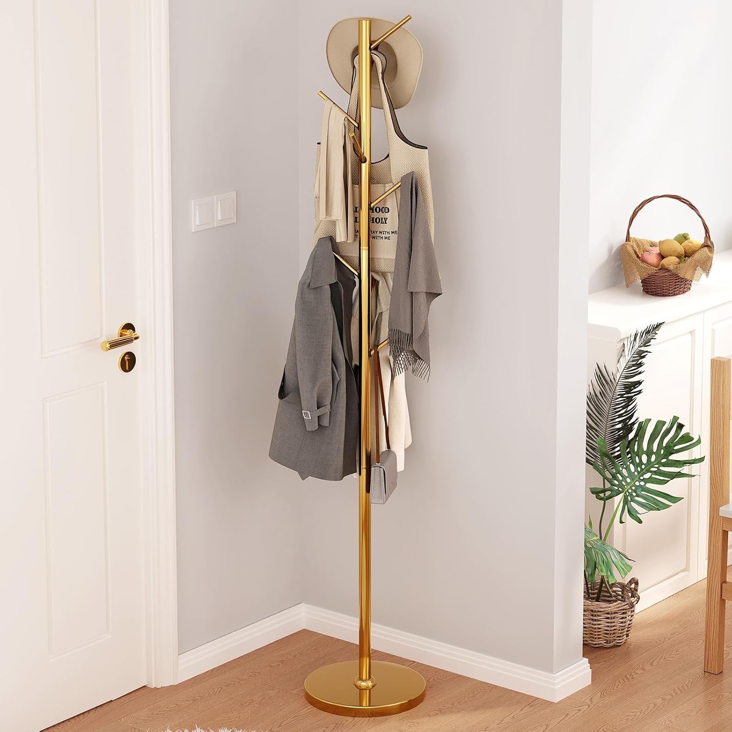 Gold Metal Coat Rack Stand 8 Hooks | Modern Freestanding Hall Tree 187cm