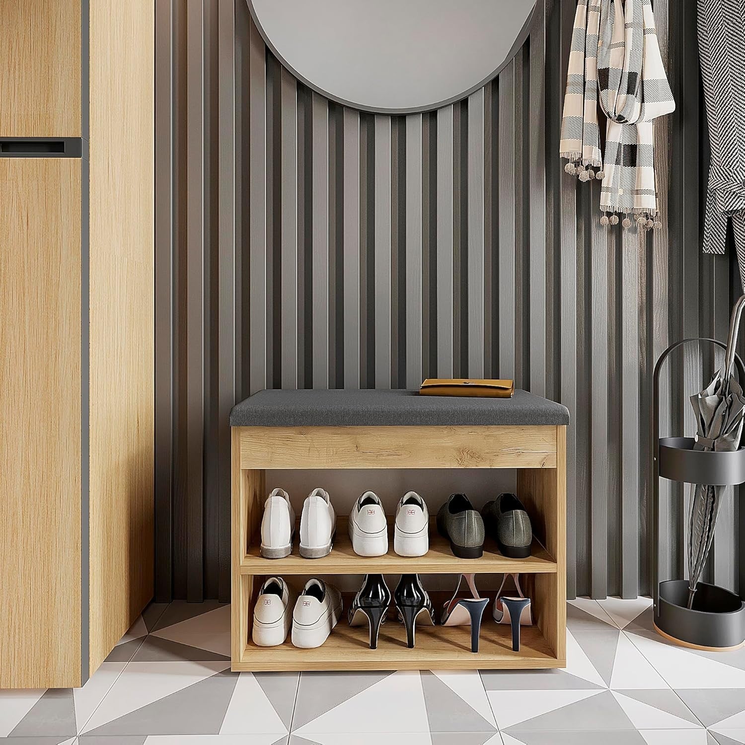 Narrow Shoe Storage Bench with Cushion Seat Hidden Compartment Entryway Unit