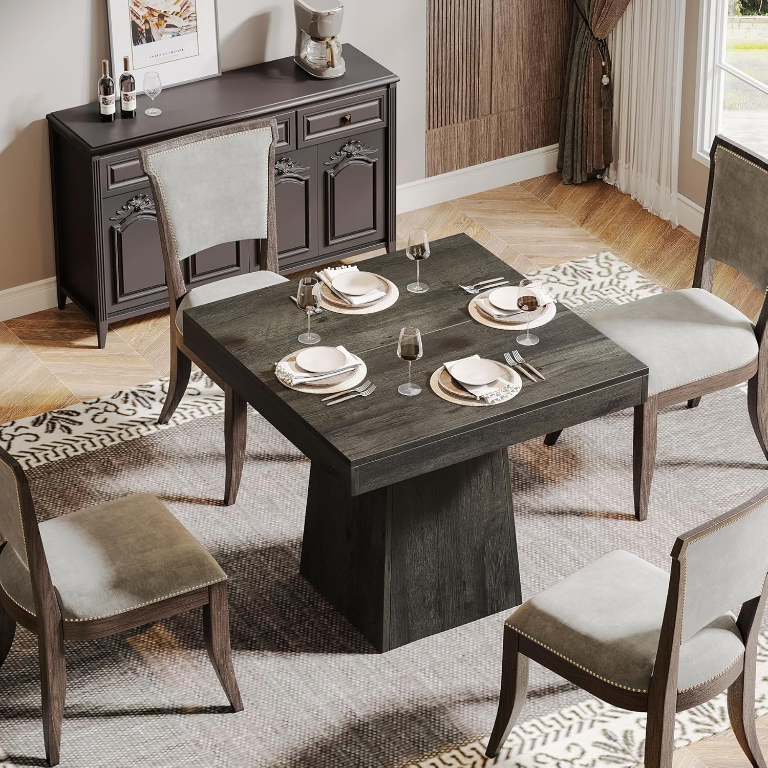 31.5" Square Dining Table Gray Pedestal Base for Kitchen & Small Spaces