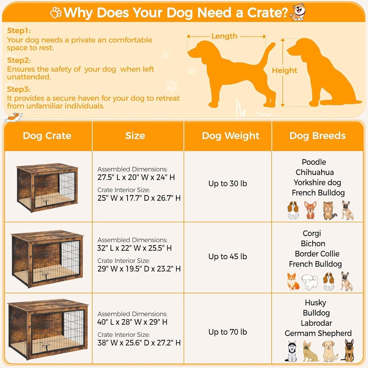 Rustic Brown Medium Dog Crate Furniture with Cushion & Double Doors 80.5x55.5x64