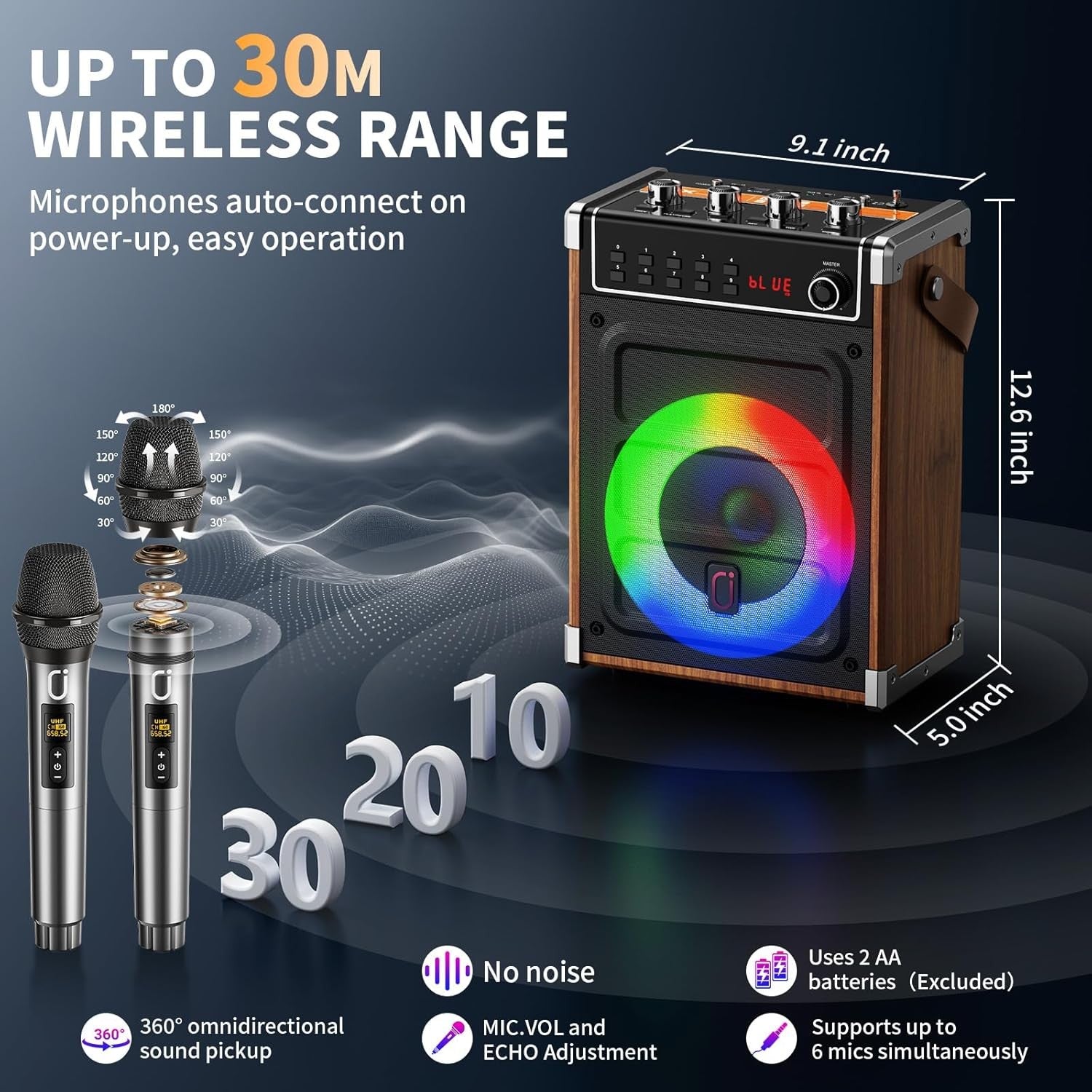 Karaoke Machine with 2 Wireless Mics Bluetooth PA LED