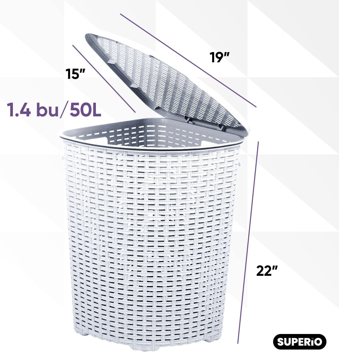 2 Pack Corner Laundry Hampers 50L White Wicker Baskets w/ Lids Space Saving