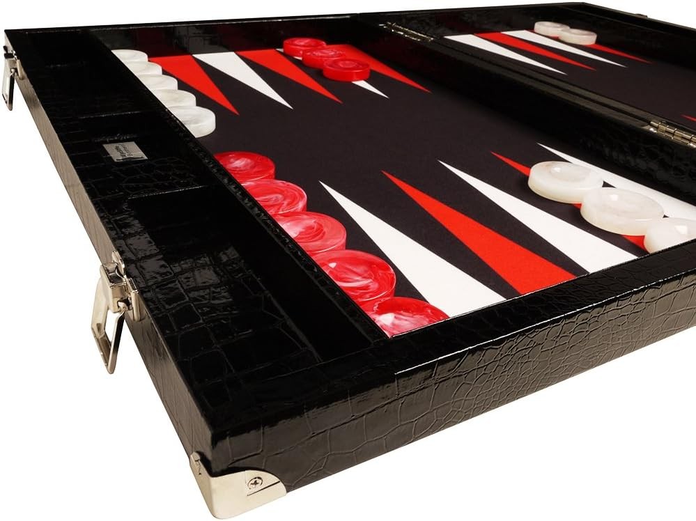 21 Inch Tournament Backgammon Set Black Croco Folding Luxury Board Game
