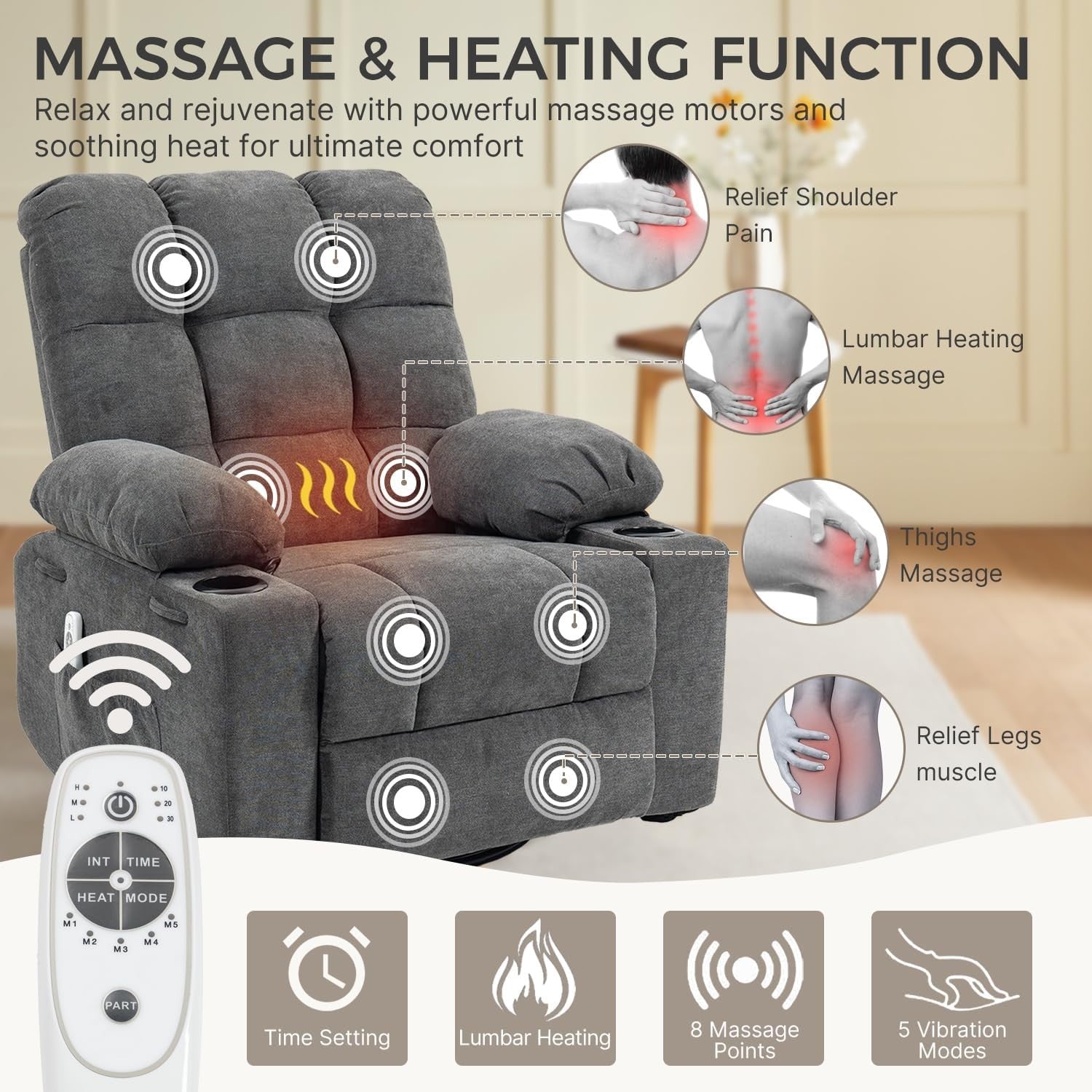 Recliner Chair Massage Heat 360° Swivel Rocking Manual Footrest Cup Holders Grey