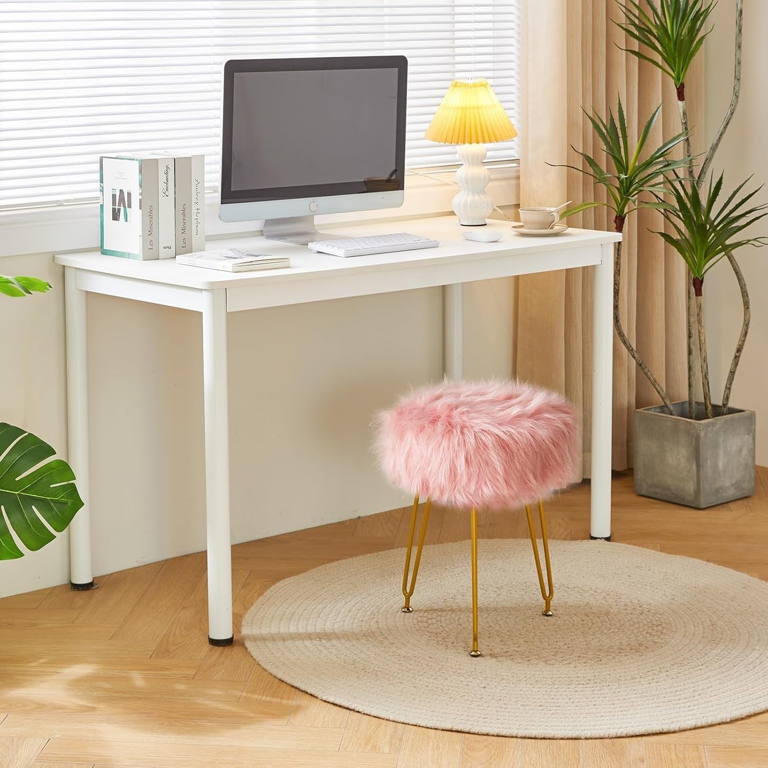 Pink Faux Fur Vanity Stool with Storage – Soft Round Makeup Chair