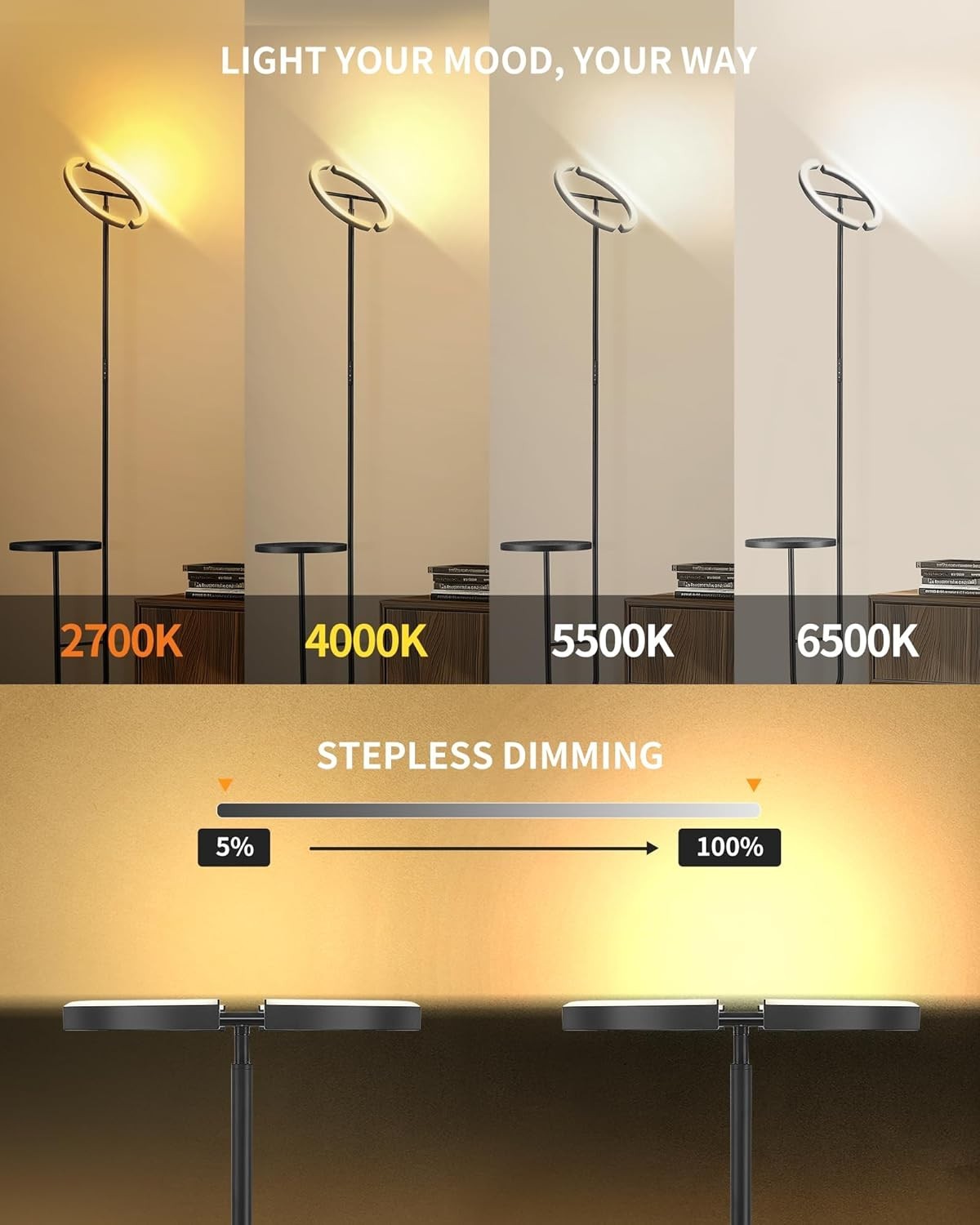 Modern LED Floor Lamp with Shelf & Remote | Dimmable Corner Light