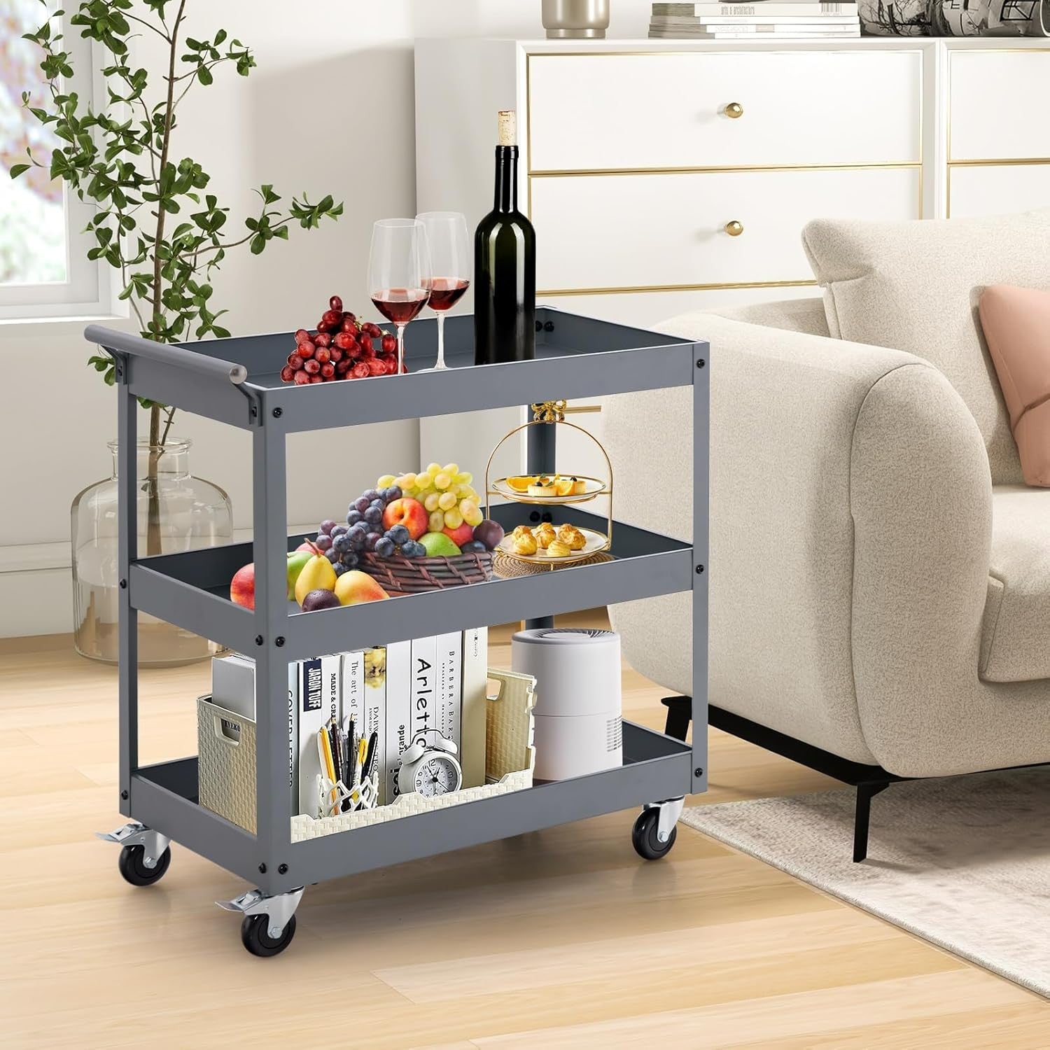 3 Tier Heavy Duty Tool Trolley Rolling Utility Cart with Lockable Wheels