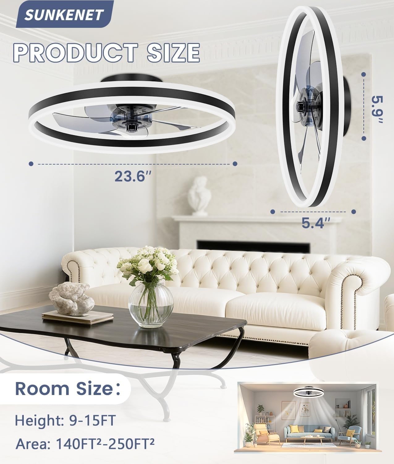 60cm Ceiling Fan Light, 6 Speeds, Dimmable LED, Reversible, Quiet Black Fan