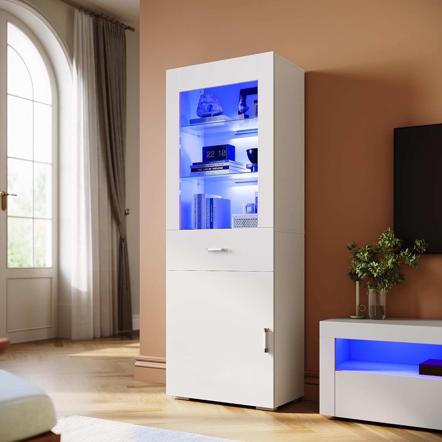 White Gloss Tall LED Display Cabinet 165cm Modern Cupboard with Drawer & Shelves