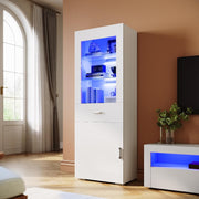 White Gloss Tall LED Display Cabinet 165cm Modern Cupboard with Drawer & Shelves